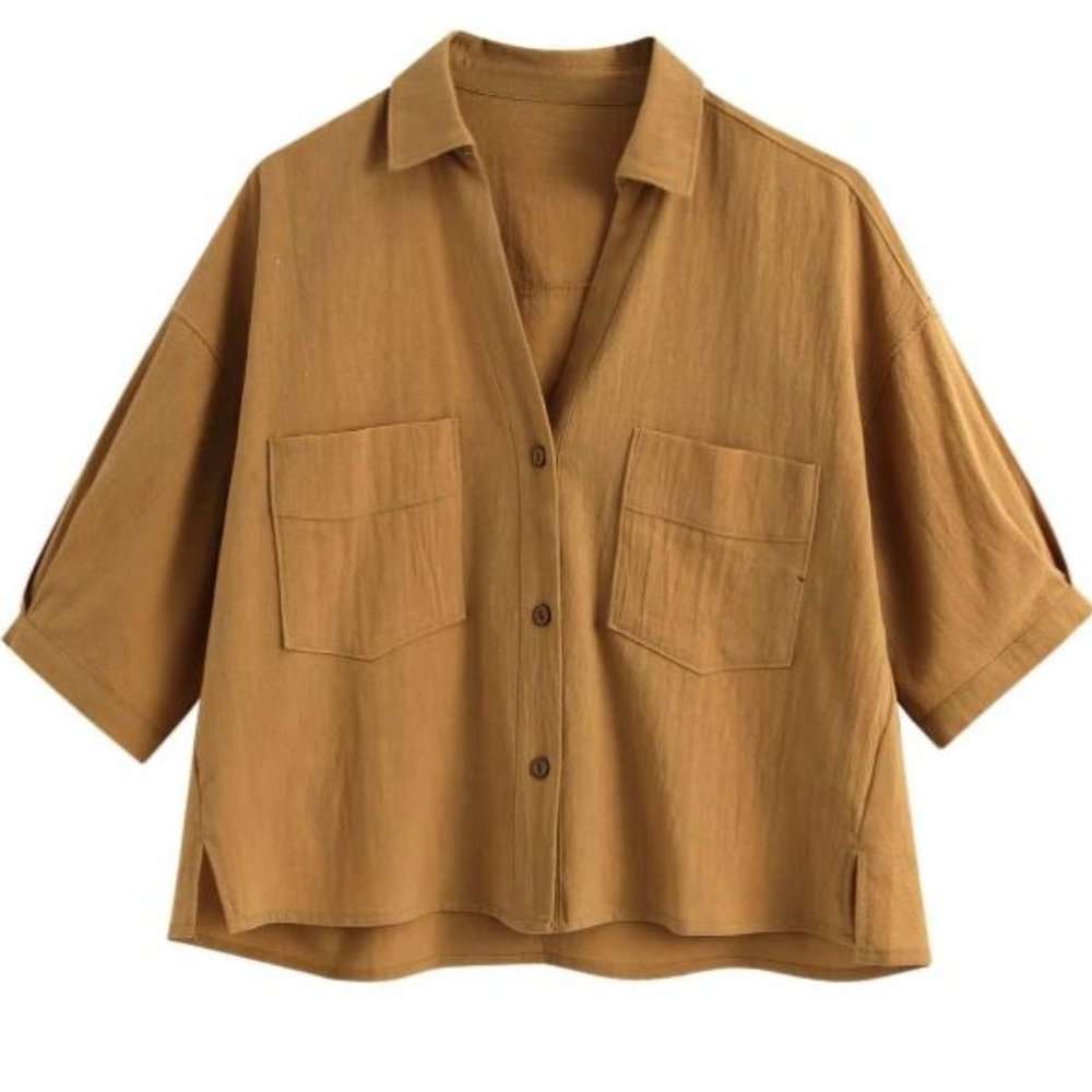 NWOT NEW Khaki Plus Side Split Dual Pocket Button up Pocket Collar Shirt 3XL(18)